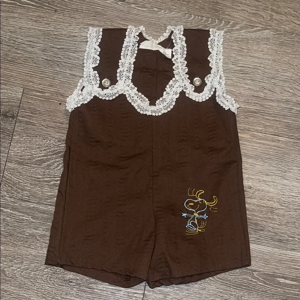 Vintage snoopy Brown Lace Trimmed Romper with Embroidery 12 months peanuts